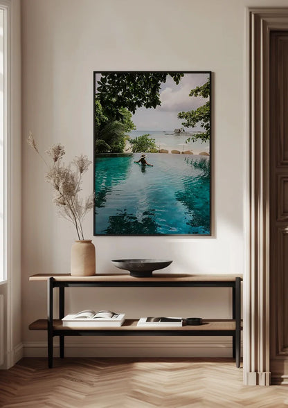 Woman Turquoise Infinity Pool Tropical Palm Trees Sea View Painting