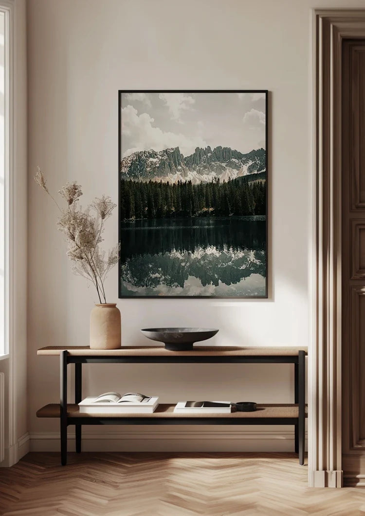 Peaceful Mountain Lake with Pine Forest and Mountain Peaks Painting