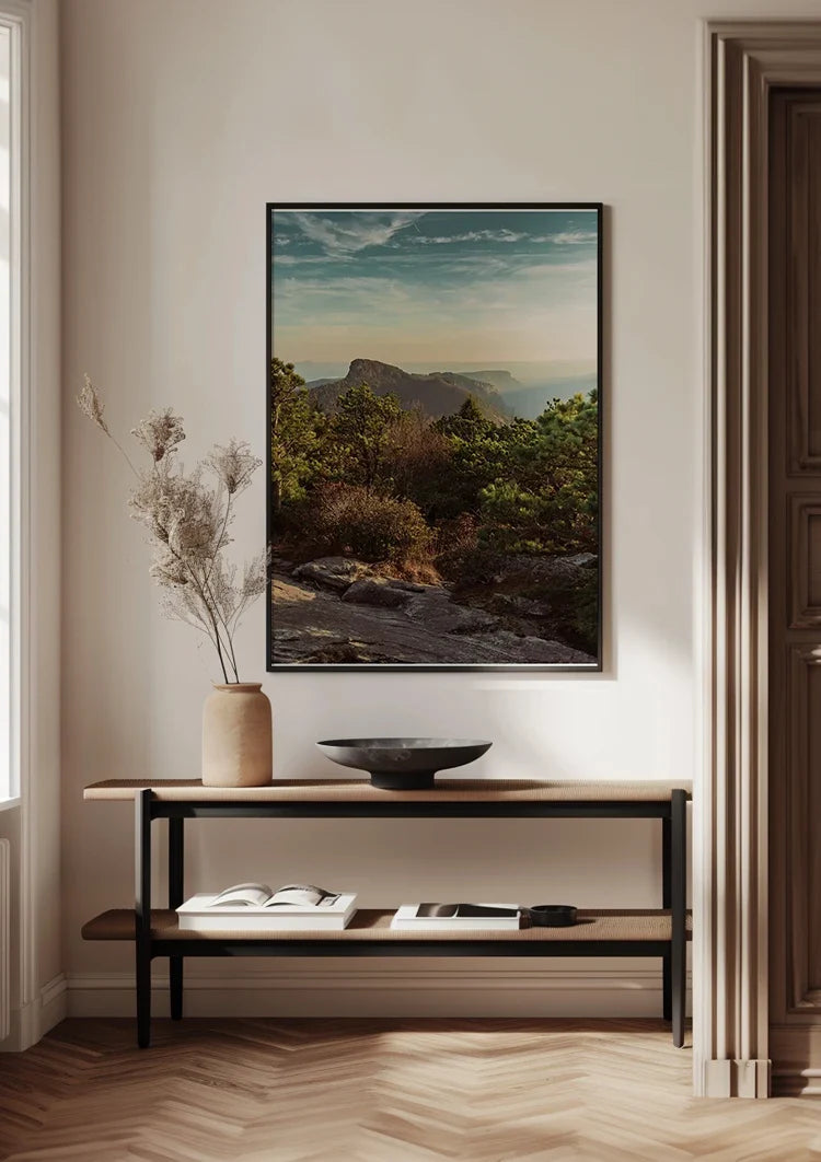 Rocky Mountain Peaks with Green Trees and Sunset Sky Painting