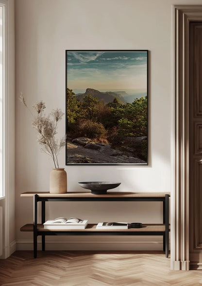 Rocky Mountain Peaks with Green Trees and Sunset Sky Painting