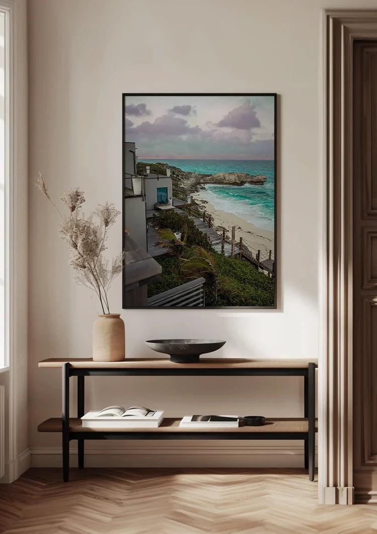 Rocky Coastline with Turquoise Seawater and Sandy Beach Painting