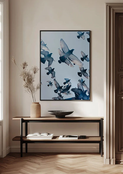 Swarm of Flying Pigeons Against Blue Sky Painting
