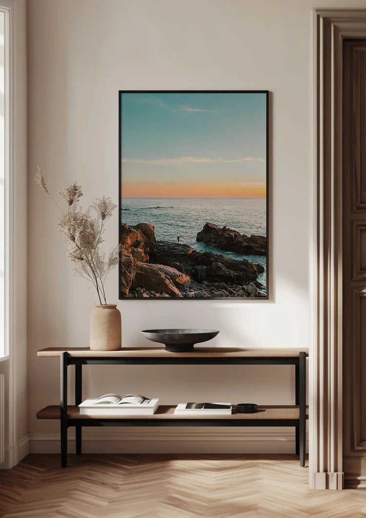 Rocky Coast At Sunset Wild Sea Golden Sky Painting
