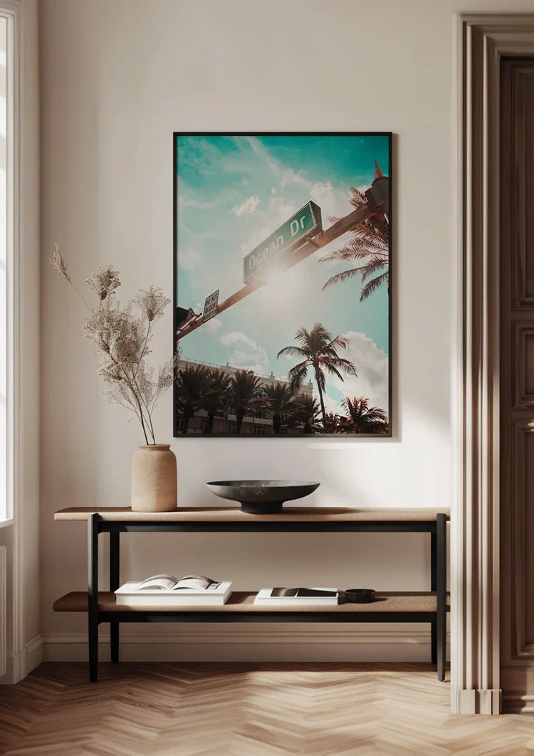 Ocean Drive Straßenschild Palmen Sonnige Himmelsmalerei