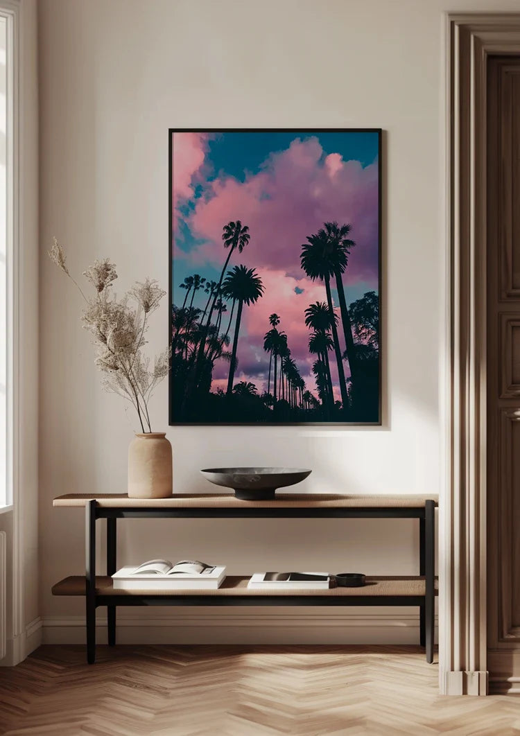 Palm Trees Against Pink Purple Cloud Sky Tropical Sunset Painting