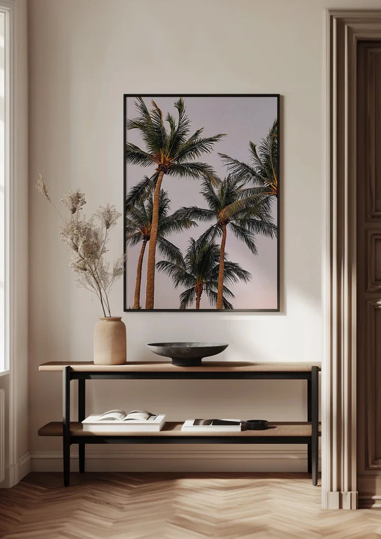 Hohe Palmen von unten weicher Pastellrosa Himmel Gemälde