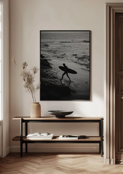 Surfer with Surfboard on Rocky Coast Black and White Ocean Painting