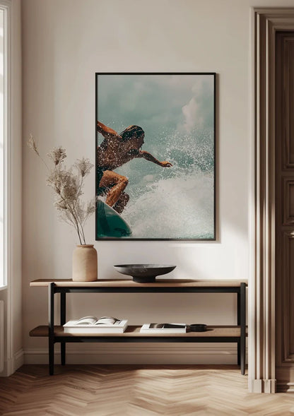 Surfer In Action On Wave Splashing Water Close Up Painting