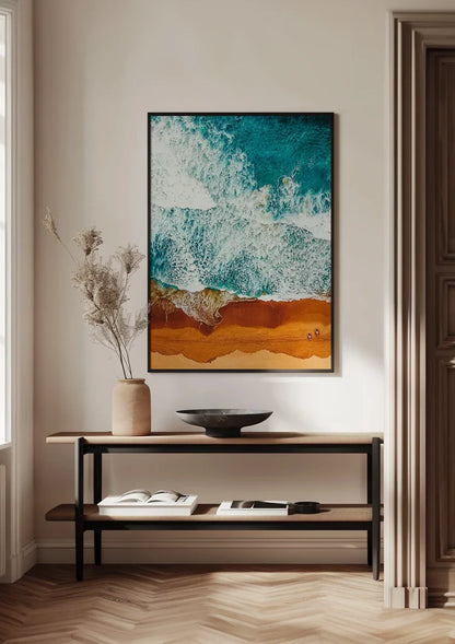 Turquoise Golven Op Goudbruin Strand Bovenaanzicht Schilderij