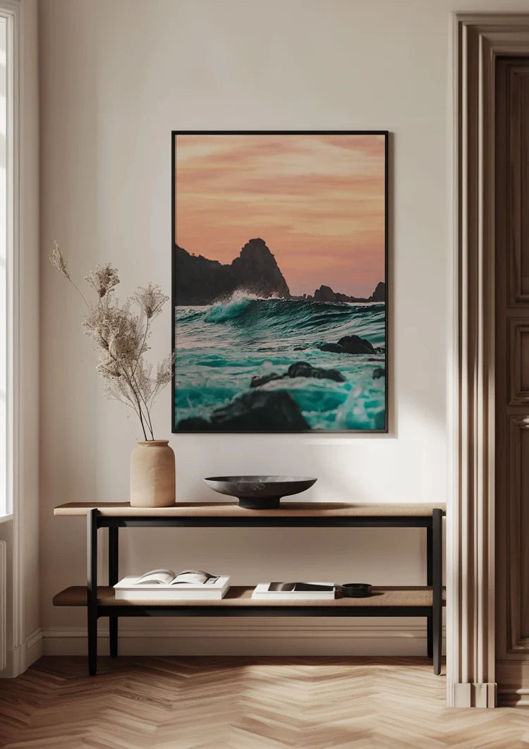 Woeste Zee Turquoise Golven Rotsen Zonsondergang Zeegezicht Schilderij