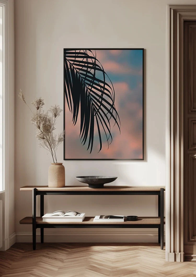 Palmbladsilhouet Pastel Zonsondergang Hemel Tropisch Schilderij