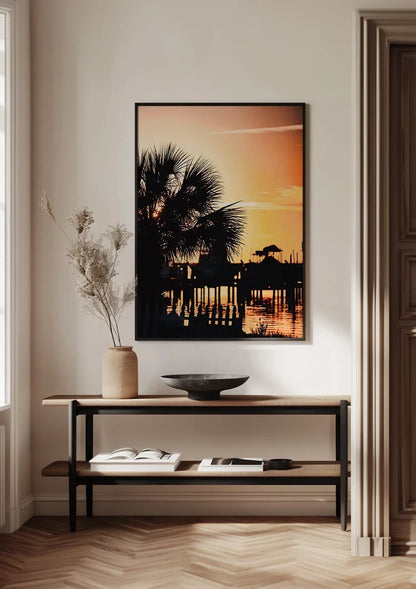 Palmboom Silhouet Gouden Zonsondergang Water Romantisch Schilderij