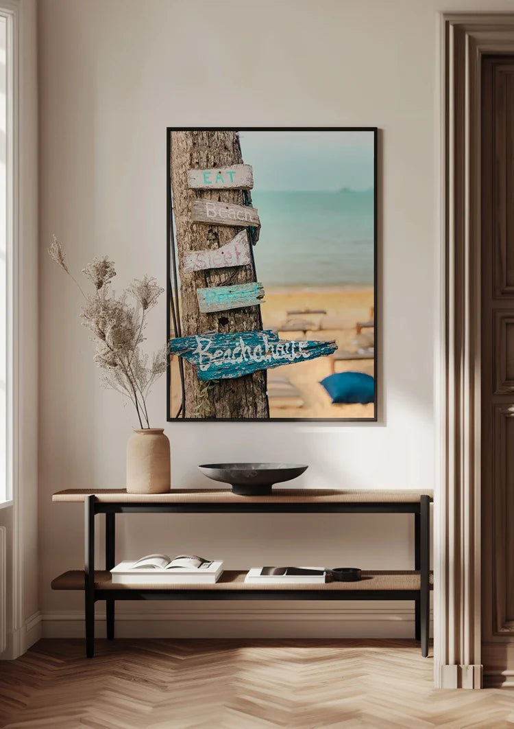 Palm Tree Wooden Signpost Tropical Beach Turquoise Sea Painting