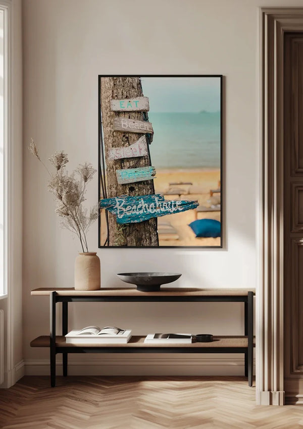 Palm Tree Wooden Signpost Tropical Beach Turquoise Sea Painting