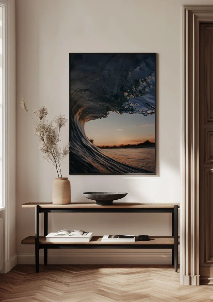 Binnenkant Van Een Golf Bij Zonsondergang Barrel Perspectief Schilderij