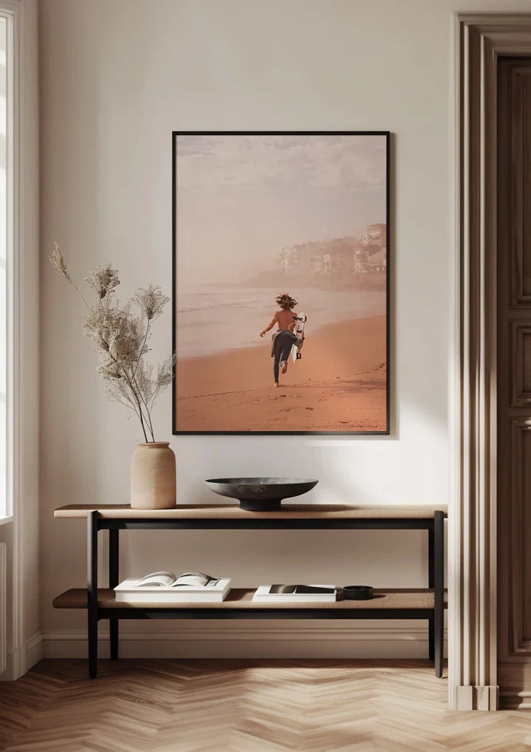 Surfer Boy Running on Beach with Surfboard Warm Tones Painting