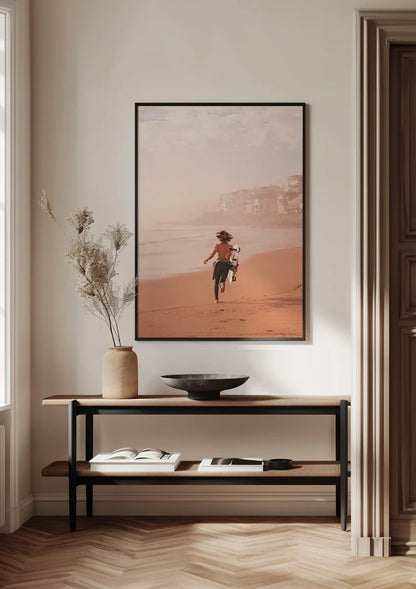 Surfer Boy Running on Beach with Surfboard Warm Tones Painting