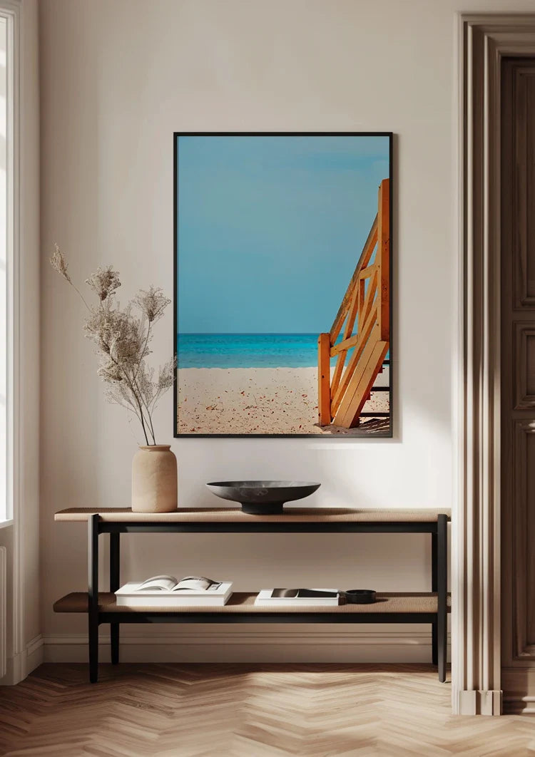 Verlassener Strand Holztreppe Türkises Meer Sommer Gemälde
