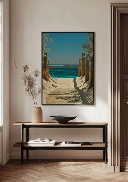 Sandy Path To Turquoise Sea Wooden Posts Coastal Landscape Painting