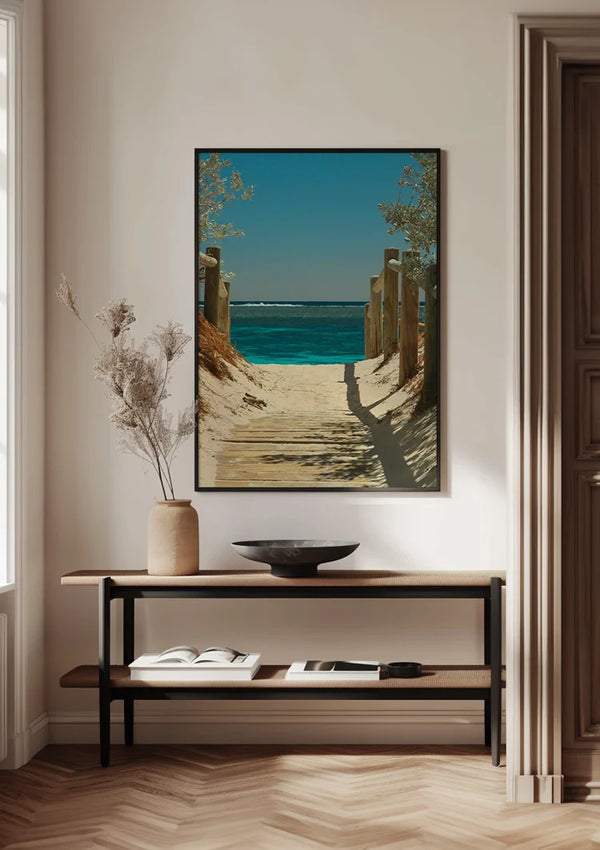 Sandy Path To Turquoise Sea Wooden Posts Coastal Landscape Painting