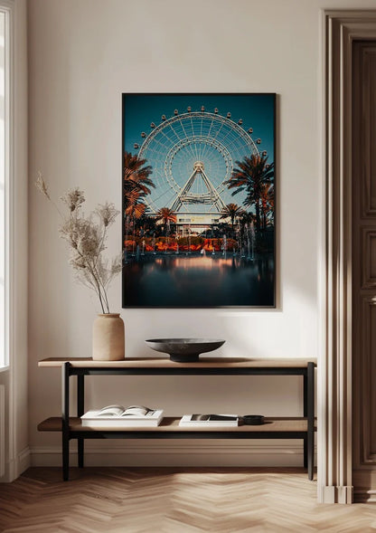 Beleuchtetes Riesenrad Palmen Abenddämmerung Spiegelung Gemälde