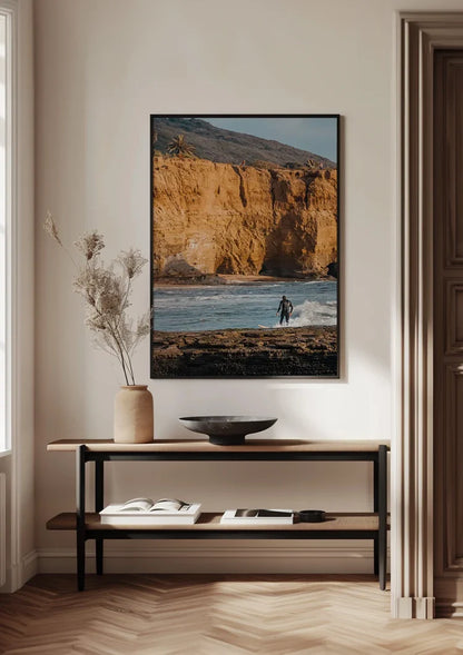 Surfer at Golden Cliffs Ocean Waves Coastal Landscape Painting
