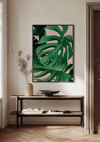 Monstera Bladeren Levendig Groen Roze Achtergrond Botanisch Tropisch Schilderij
