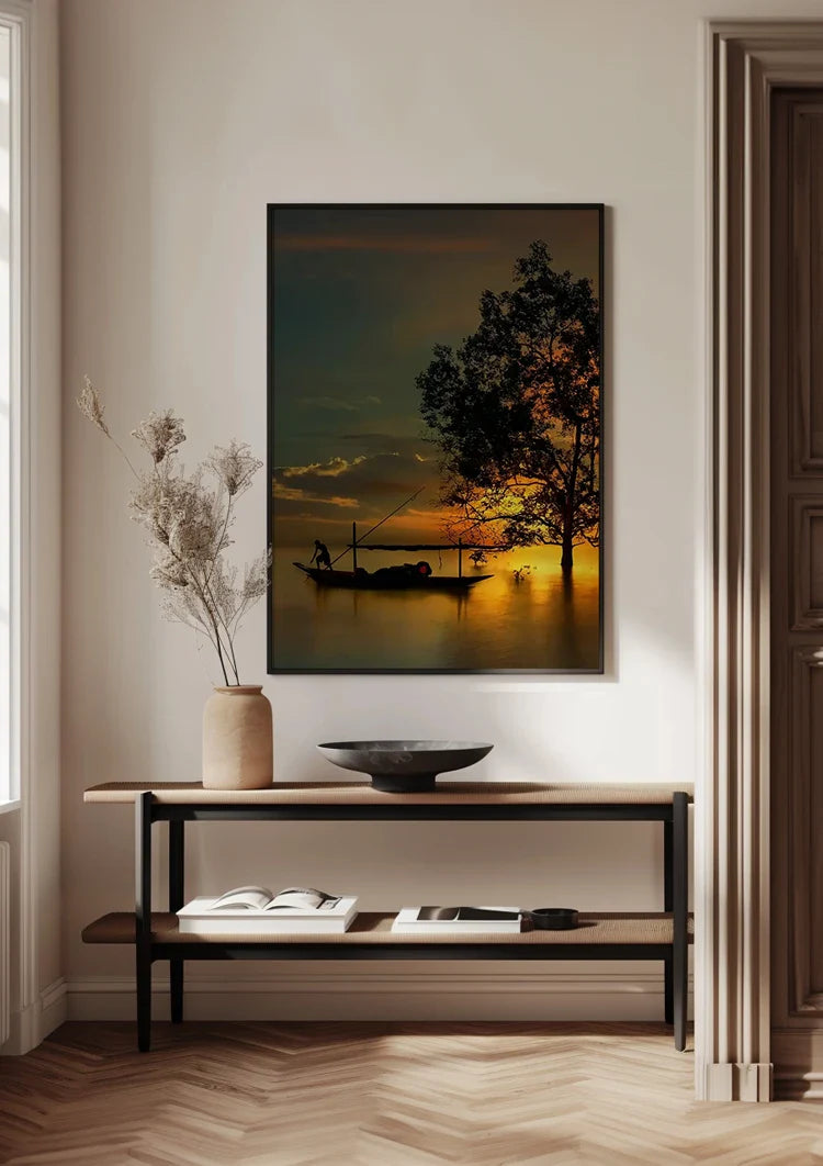 Thai Landscape Golden Sunset Boat Tree Silhouette Water Painting