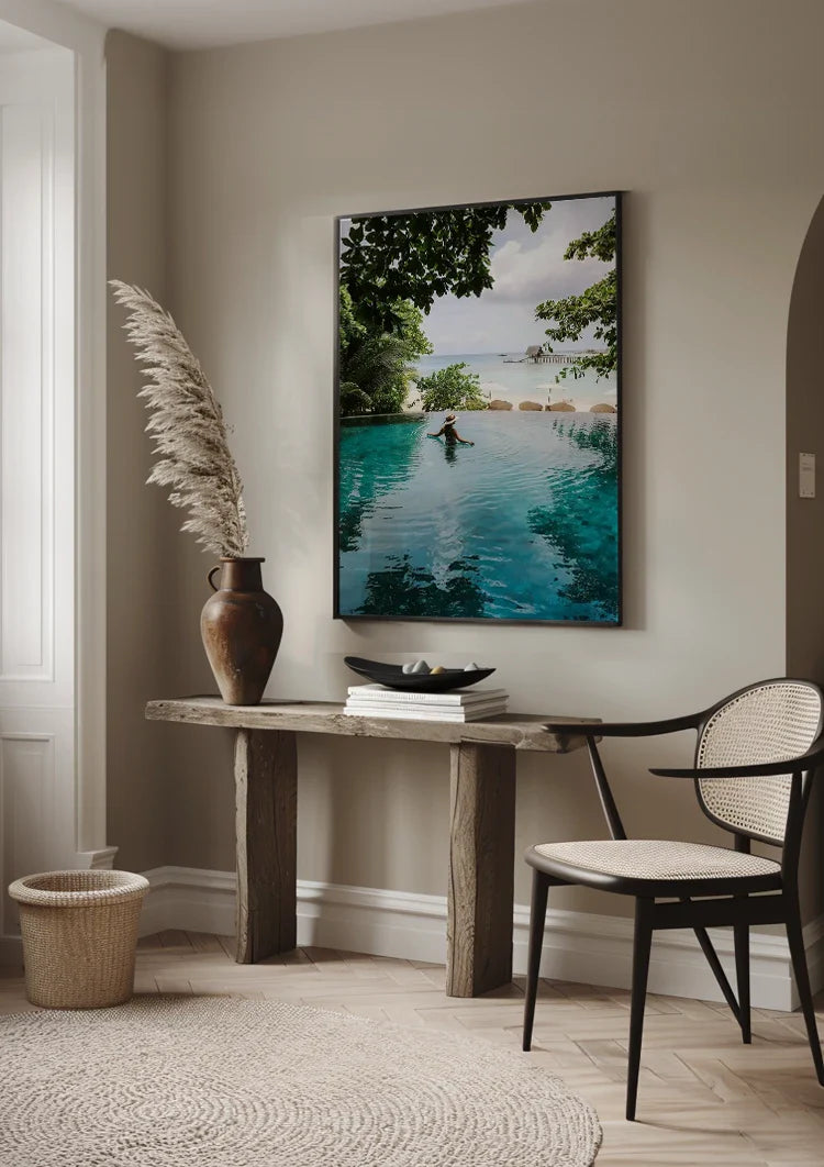Woman Turquoise Infinity Pool Tropical Palm Trees Sea View Painting