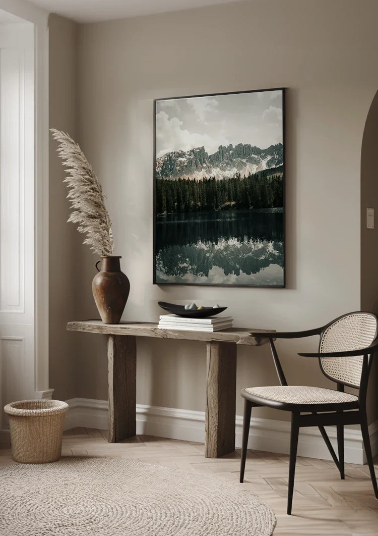 Peaceful Mountain Lake with Pine Forest and Mountain Peaks Painting