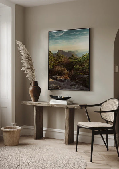 Rocky Mountain Peaks with Green Trees and Sunset Sky Painting