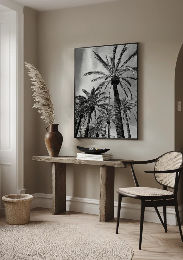 Tall Palm Trees Black White Photography Style Tropical Nature Painting