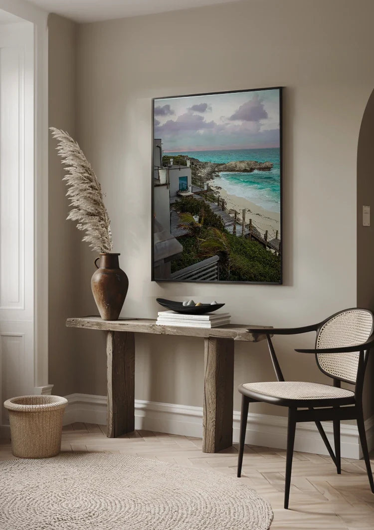Rocky Coastline with Turquoise Seawater and Sandy Beach Painting