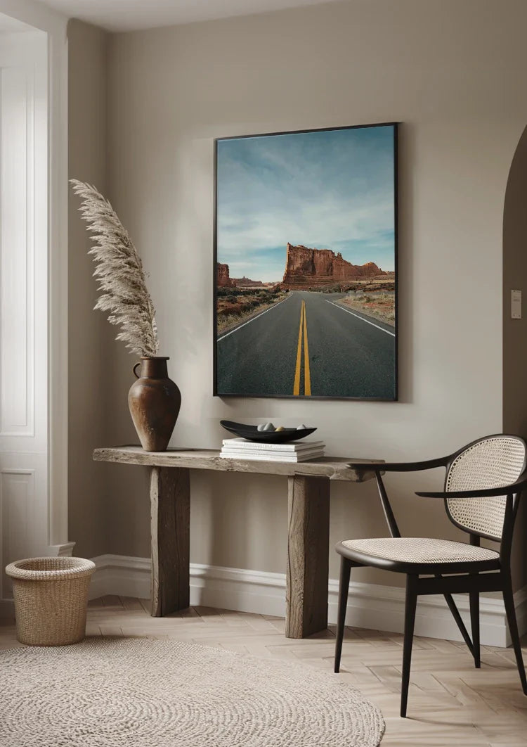 Straight Desert Road with Red Rocks and Blue Sky Painting