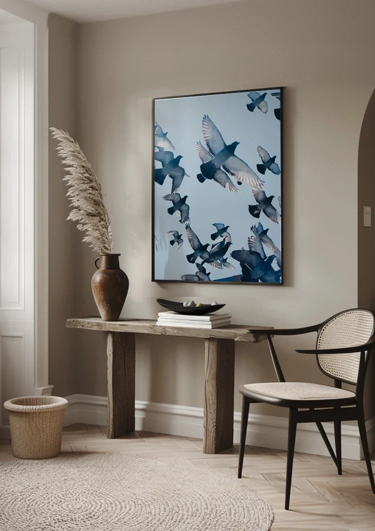 Swarm of Flying Pigeons Against Blue Sky Painting