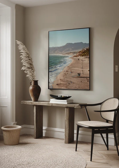 Coastline Sandy beach Mountains Sea Sunny Landscape Painting