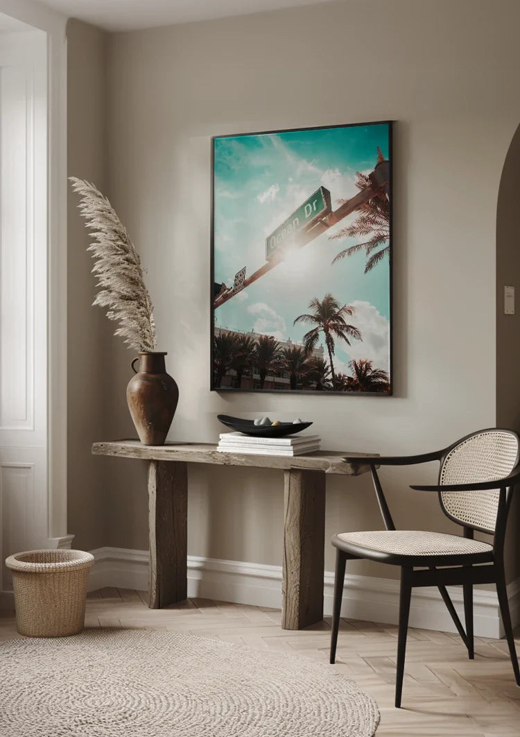 Ocean Drive Straßenschild Palmen Sonnige Himmelsmalerei