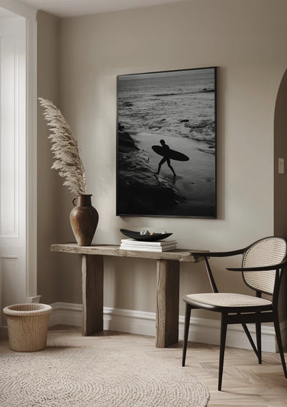 Surfer with Surfboard on Rocky Coast Black and White Ocean Painting