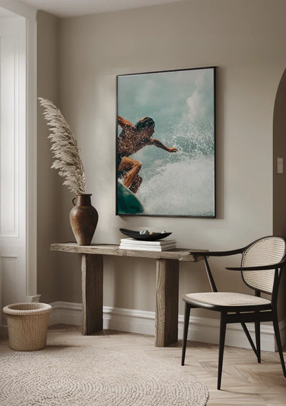 Surfer In Action On Wave Splashing Water Close Up Painting
