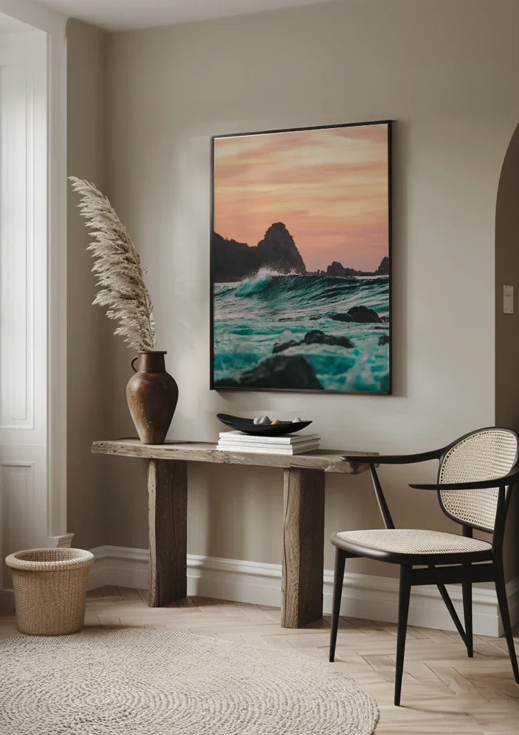 Woeste Zee Turquoise Golven Rotsen Zonsondergang Zeegezicht Schilderij