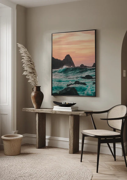 Woeste Zee Turquoise Golven Rotsen Zonsondergang Zeegezicht Schilderij