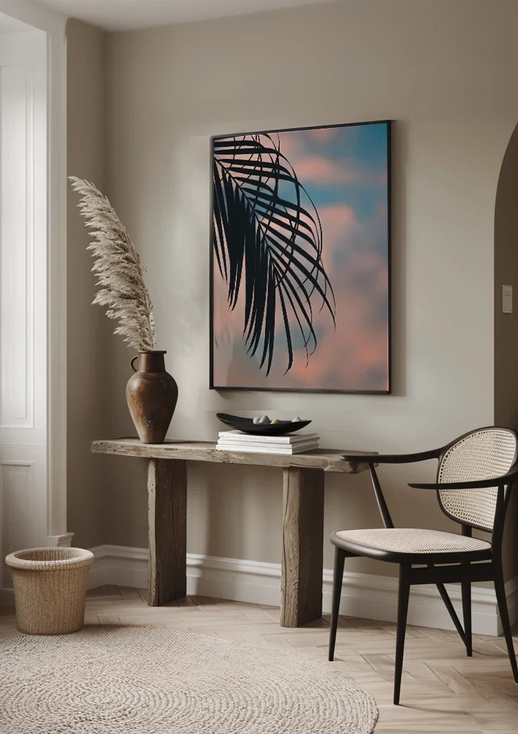 Palmbladsilhouet Pastel Zonsondergang Hemel Tropisch Schilderij