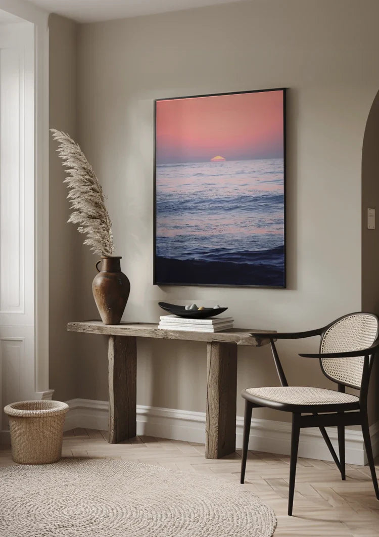 Sunset Ocean Pink Sky Serene Waves Seascape Painting