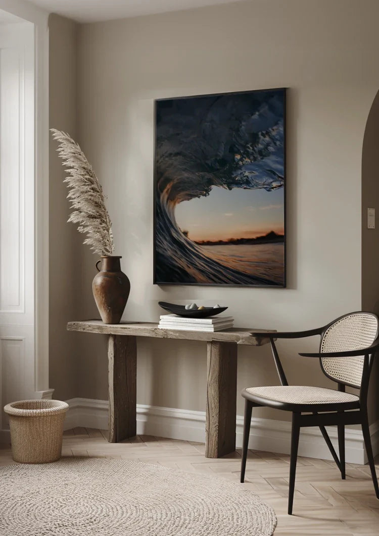 Binnenkant Van Een Golf Bij Zonsondergang Barrel Perspectief Schilderij