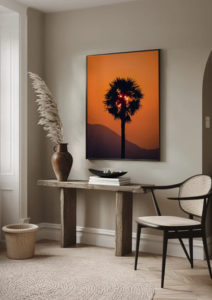 Palm Tree Silhouette Orange Sunset Sun Through Leaves Painting