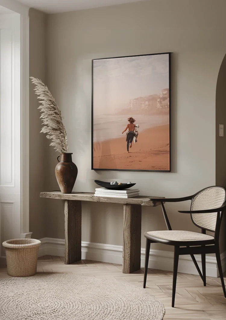 Surfer Boy Running on Beach with Surfboard Warm Tones Painting