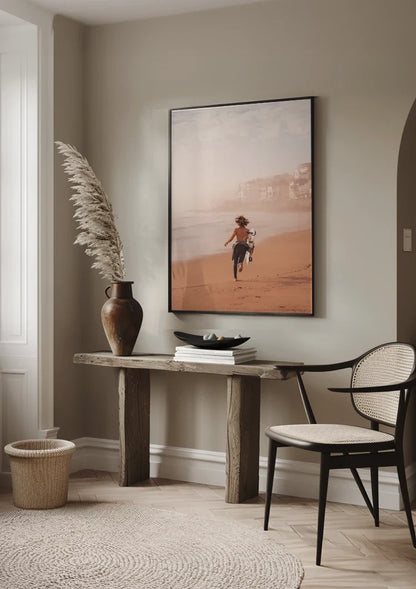 Surfer Boy Running on Beach with Surfboard Warm Tones Painting