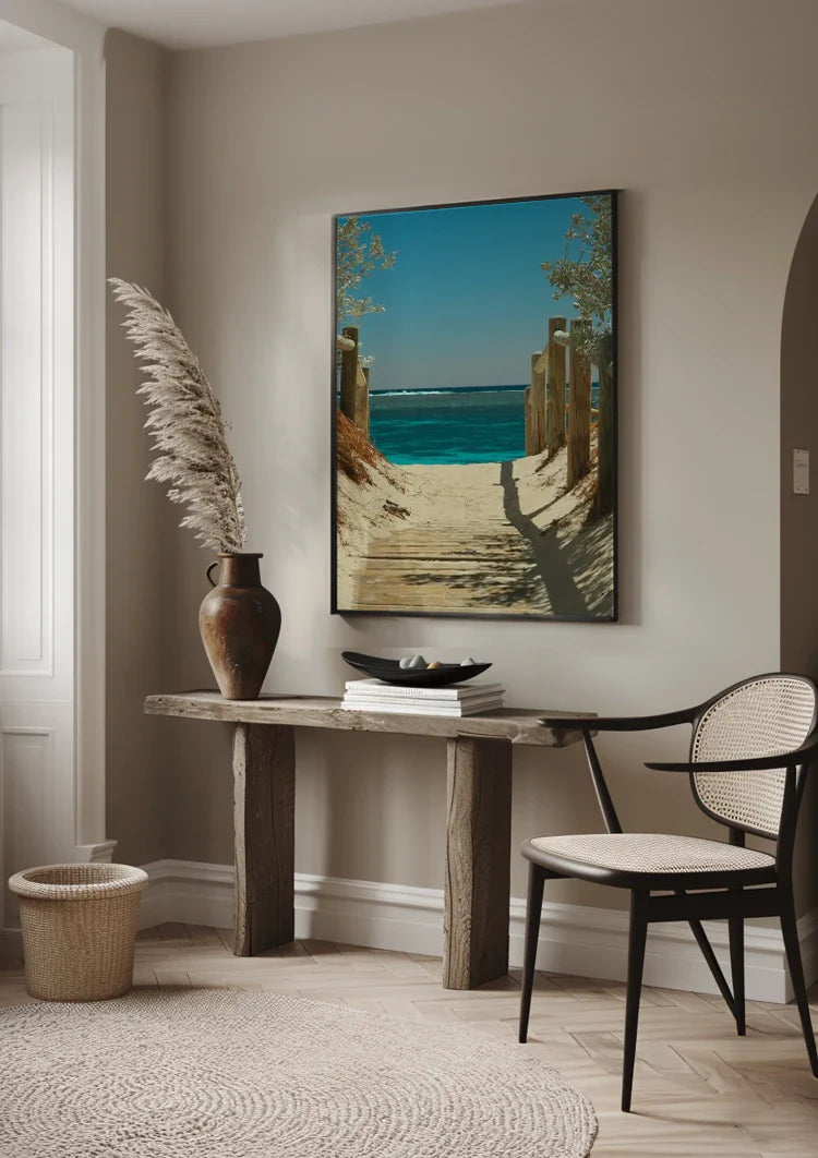 Sandy Path To Turquoise Sea Wooden Posts Coastal Landscape Painting