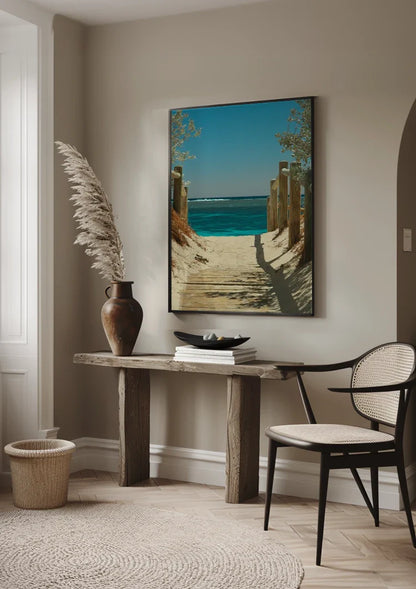 Sandy Path To Turquoise Sea Wooden Posts Coastal Landscape Painting