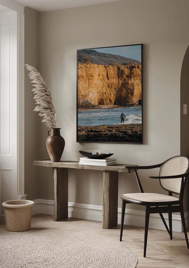 Surfer at Golden Cliffs Ocean Waves Coastal Landscape Painting